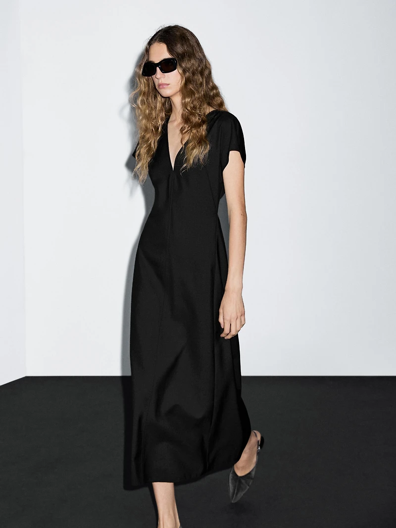 Long wool blend V-neck dress