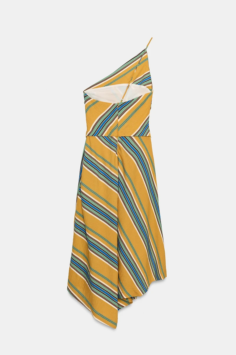 ASYMMETRIC STRIPED MIDI DRESS