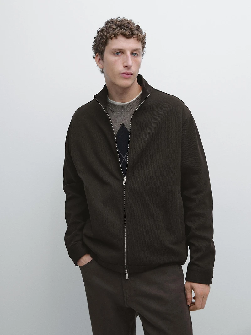 Cotton blend zip-up knit cardigan