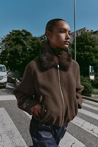 SOFT FAUX FUR COLLAR BOMBER JACKET