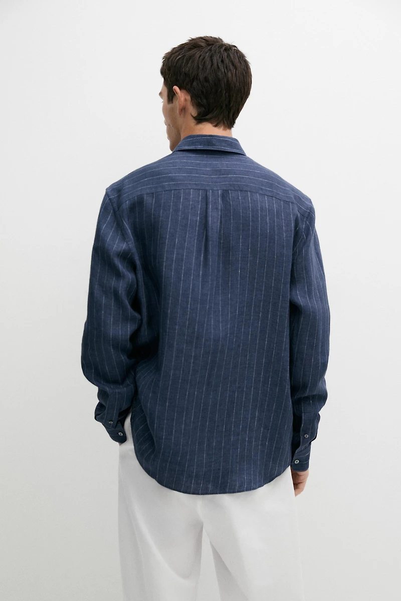 Regular fit striped delave 100% linen shirt