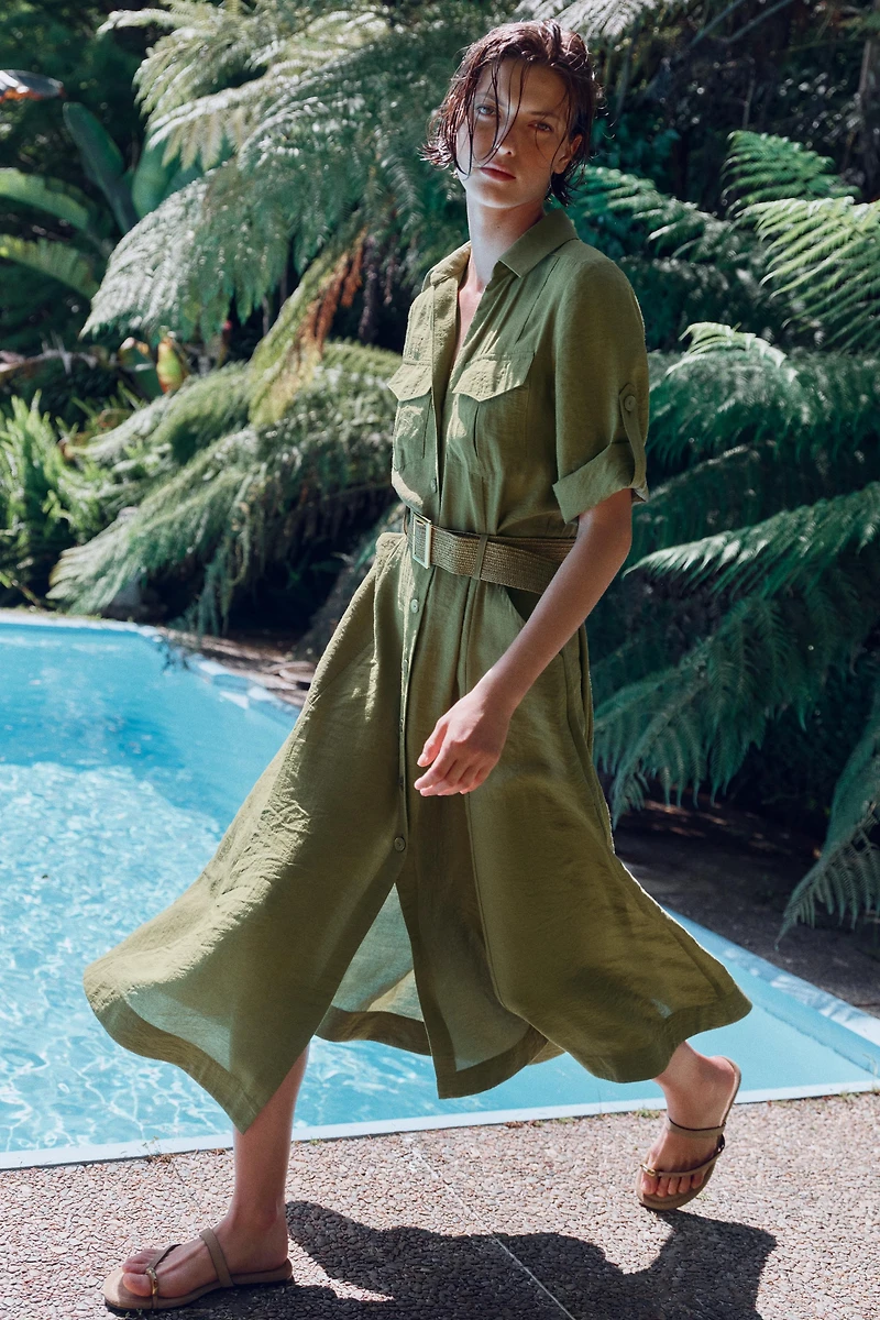 BELTED MIDI SHIRT DRESS