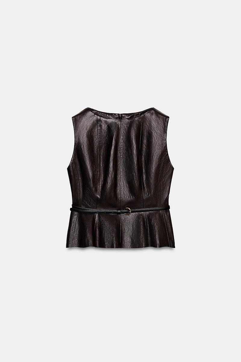 FAUX LEATHER BELTED TOP