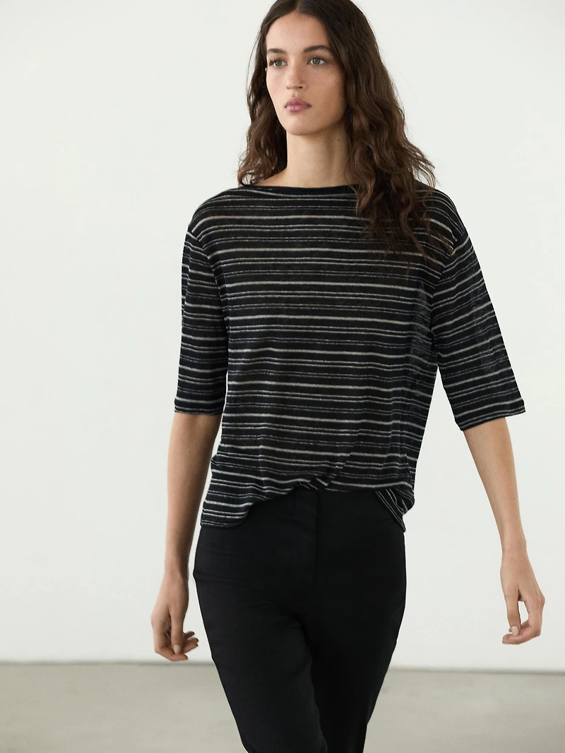 Striped linen 3/4 sleeve knit T-shirt