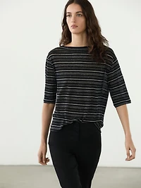 Striped linen 3/4 sleeve knit T-shirt