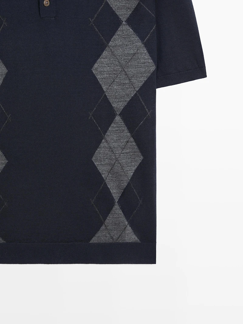 Merino wool blend argyle knit polo sweater