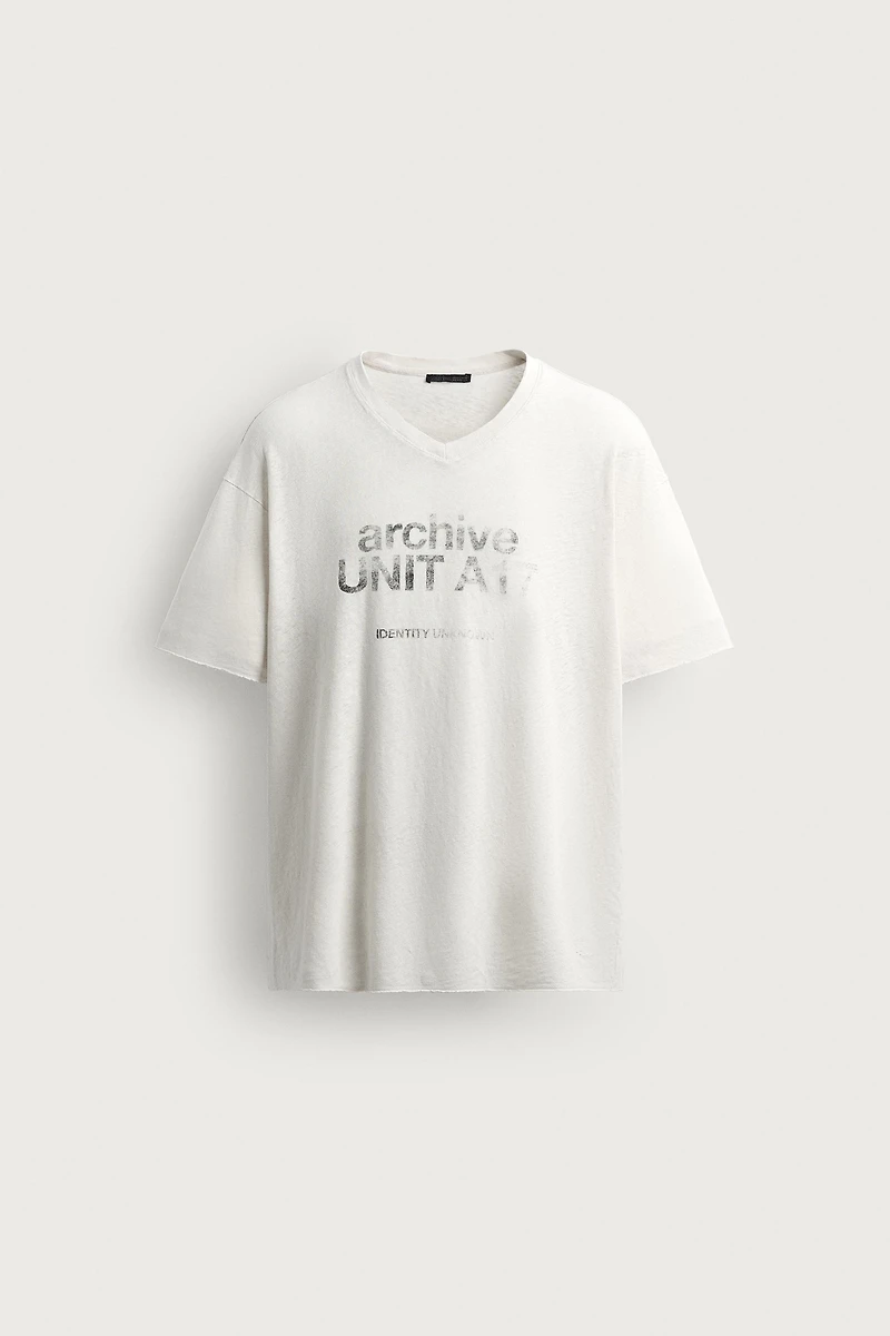 WASHED COTTON-LINEN T-SHIRT WITH TEXT