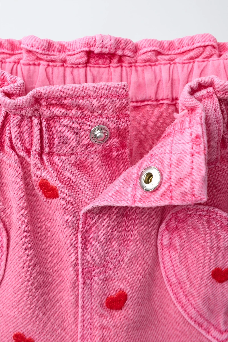 EMBROIDERED HEART PAPERBAG DENIM SHORTS