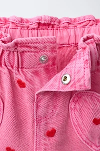 EMBROIDERED HEART PAPERBAG DENIM SHORTS