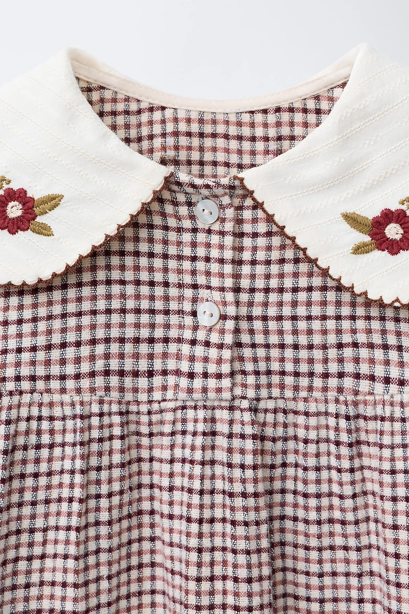 EMBROIDERED COLLAR PLAID TEXTURED DRESS