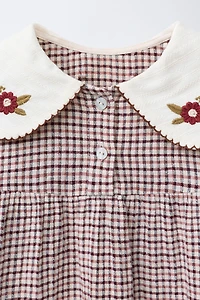 EMBROIDERED COLLAR PLAID TEXTURED DRESS