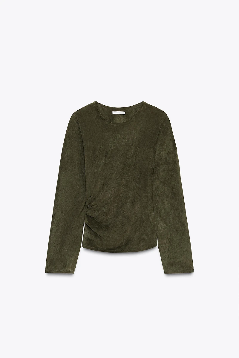DRAPED FAUX SUEDE TOP