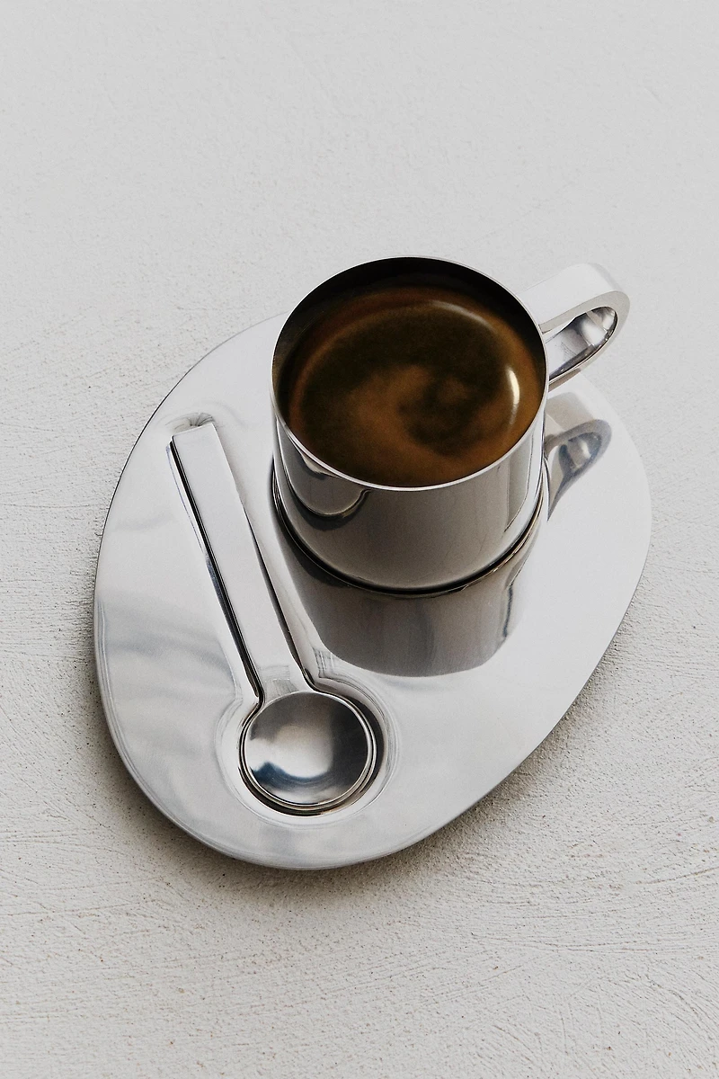 STEEL MUG, SPOON AND TRAY SET