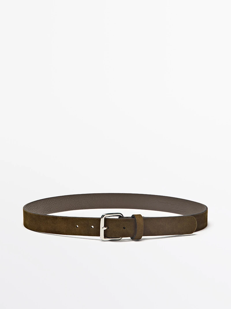 Split leather belt with square buckle