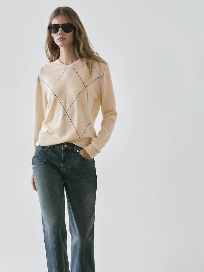 Wool argyle knit sweater