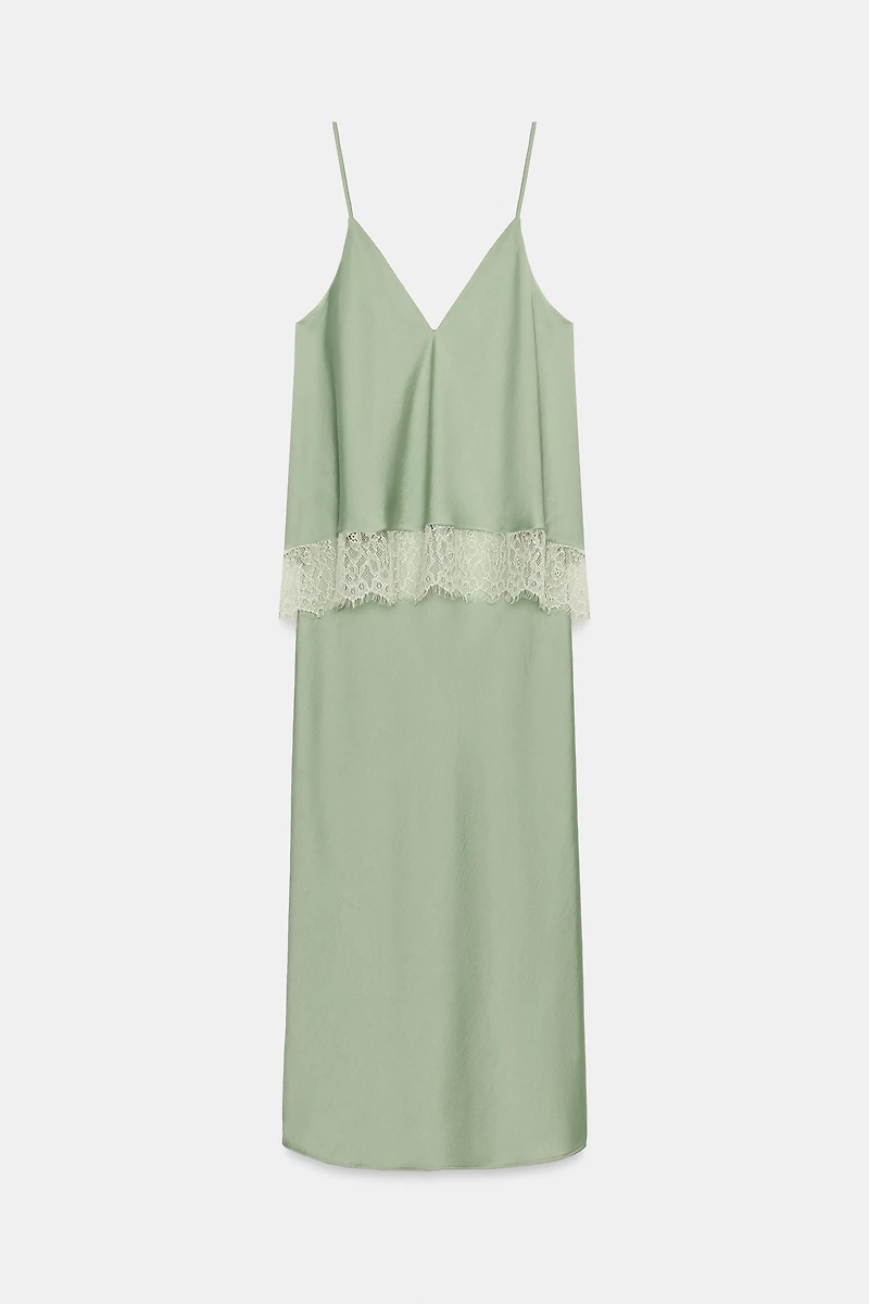 Lace-Trimmed Satin Midi Slip Dress
