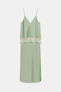 Lace-Trimmed Satin Midi Slip Dress