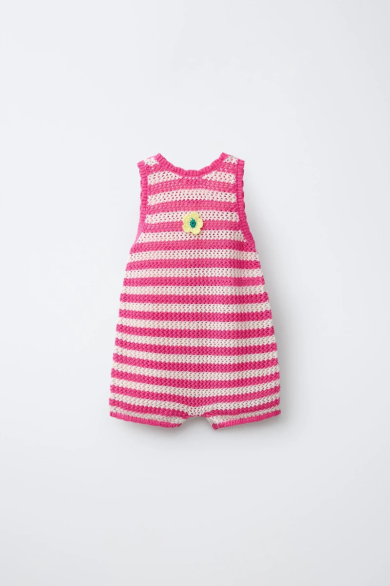 STRIPED KNIT OVERALLS WITH FLORAL PATCH