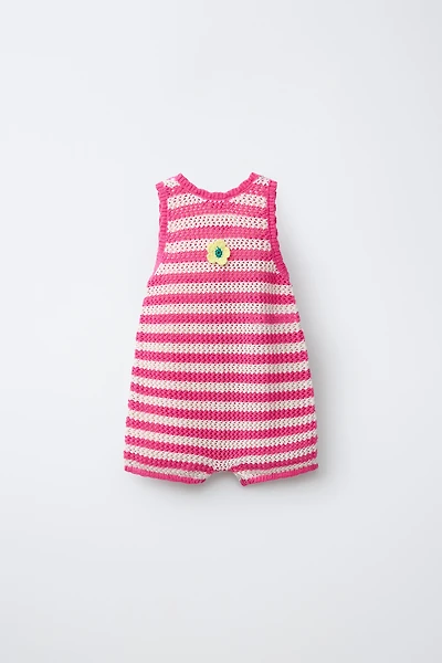 STRIPED KNIT OVERALLS WITH FLORAL PATCH
