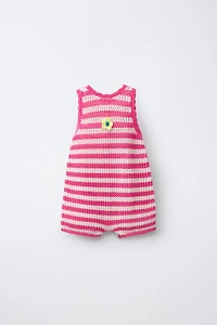 STRIPED KNIT OVERALLS WITH FLORAL PATCH