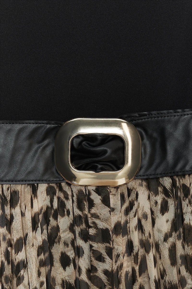 ANIMAL PRINT COMBINATION MIDI DRESS WITH BELT