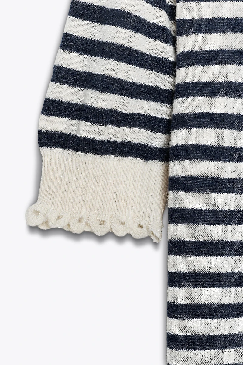 RUFFLE TRIM STRIPED KNIT TOP