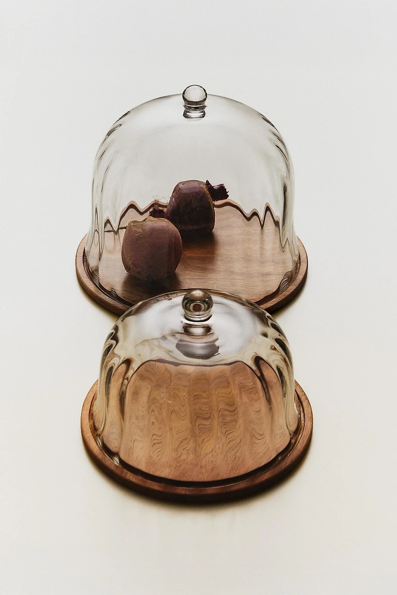 WOODEN CAKE STAND WITH GLASS DOME