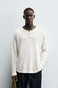HEMP-VISCOSE BUTTON NECK T-SHIRT