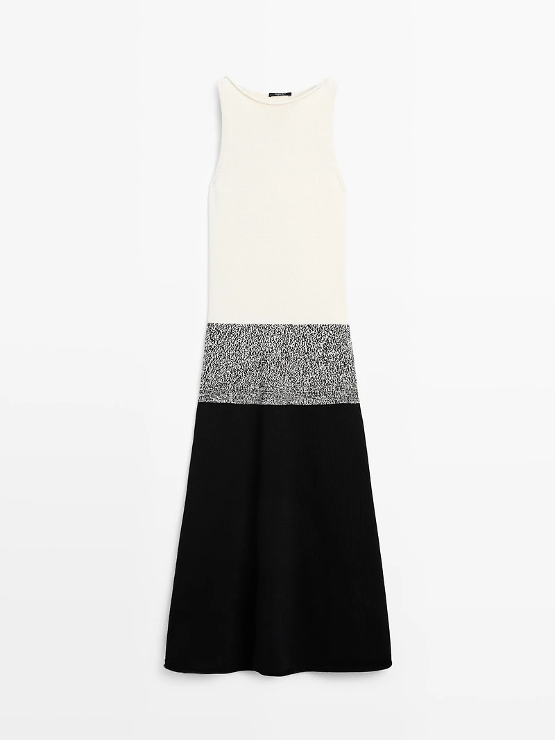 100% cotton contrast knit midi dress