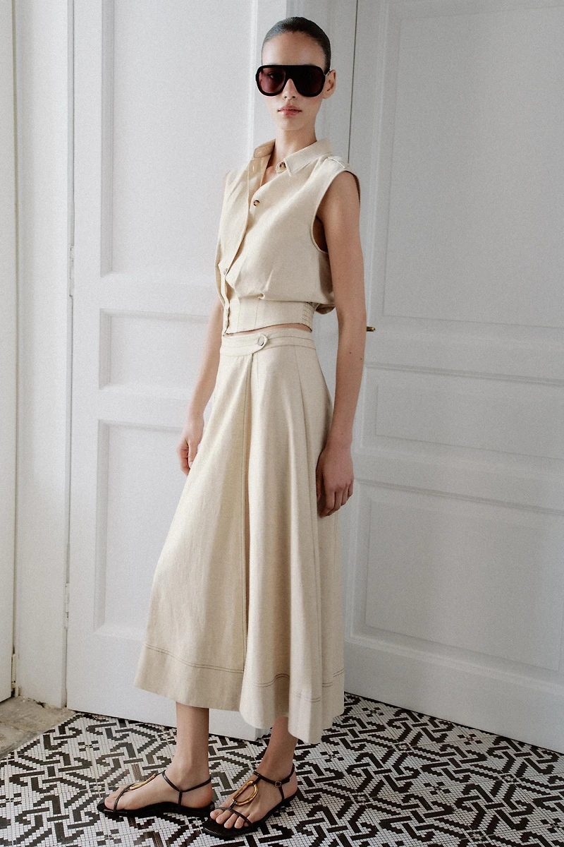 LINEN BLEND WRAP MIDI SKIRT