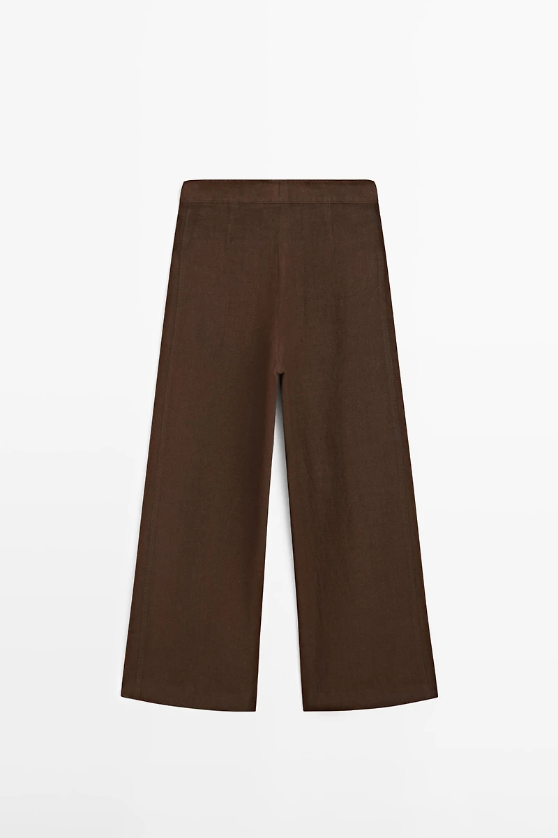 100% linen wide-leg pleated trousers