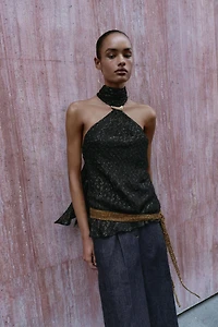 METALLIC THREAD TRIM HALTER TOP
