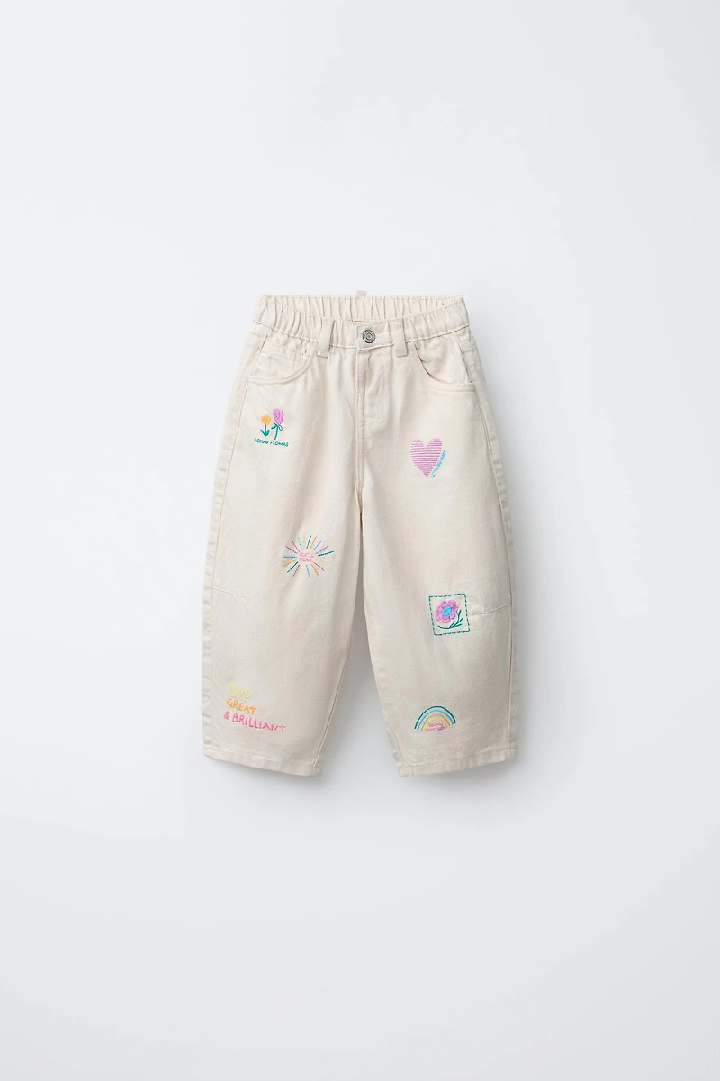 EMBROIDERED BARREL TWILL PANTS