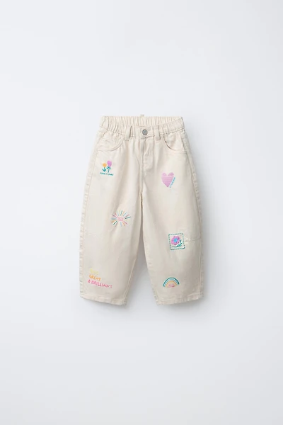 EMBROIDERED BARREL TWILL PANTS