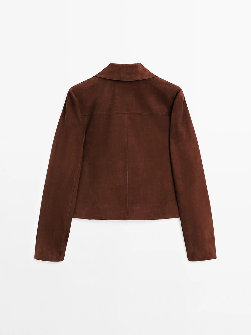 Cropped suede leather-lined jacket with buttons