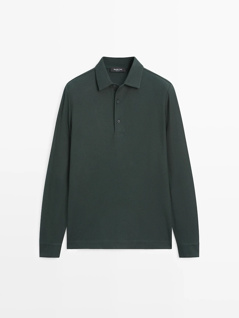 Textured piqué polo shirt with long sleeves