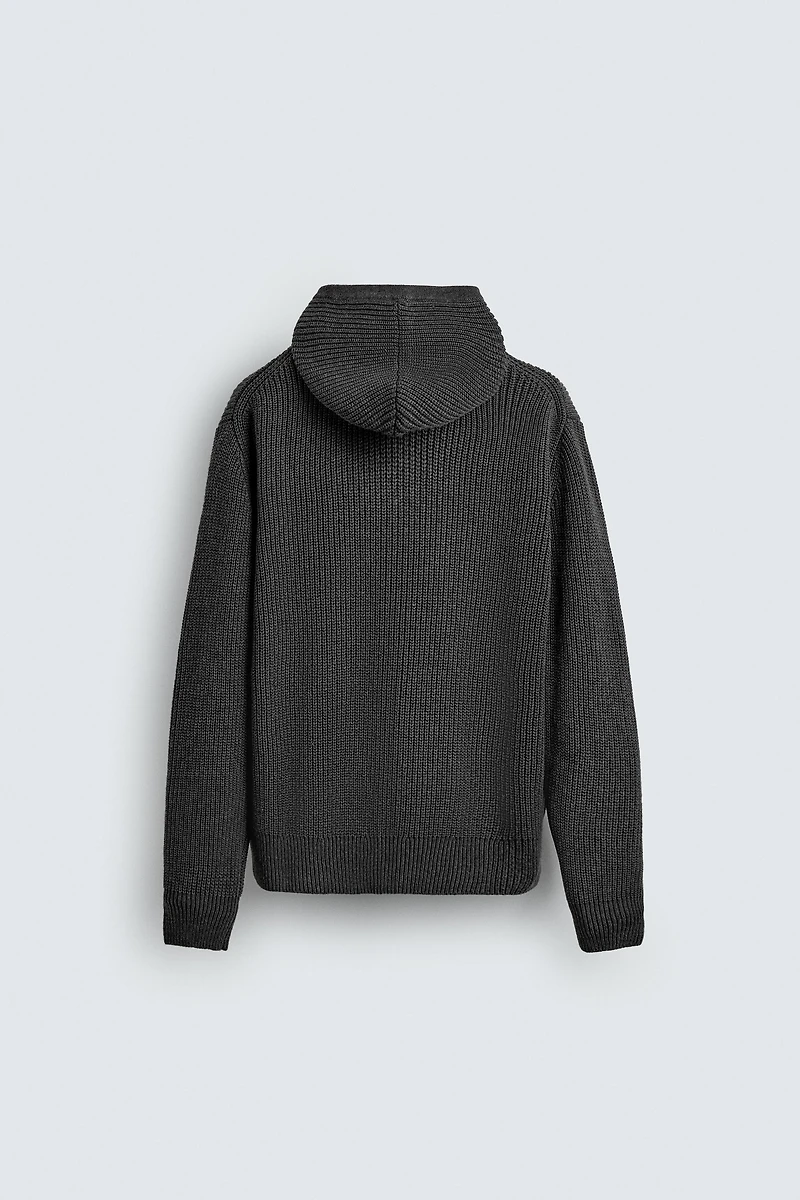 COTTON - WOOL PURL KNIT HOODIE CARDIGAN