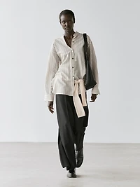 Striped flowing shirt with stand collar