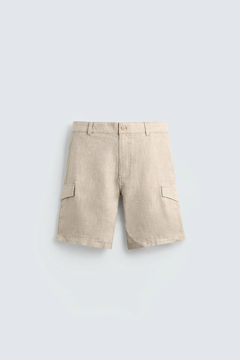 REGULAR FIT 100% LINEN CARGO SHORTS