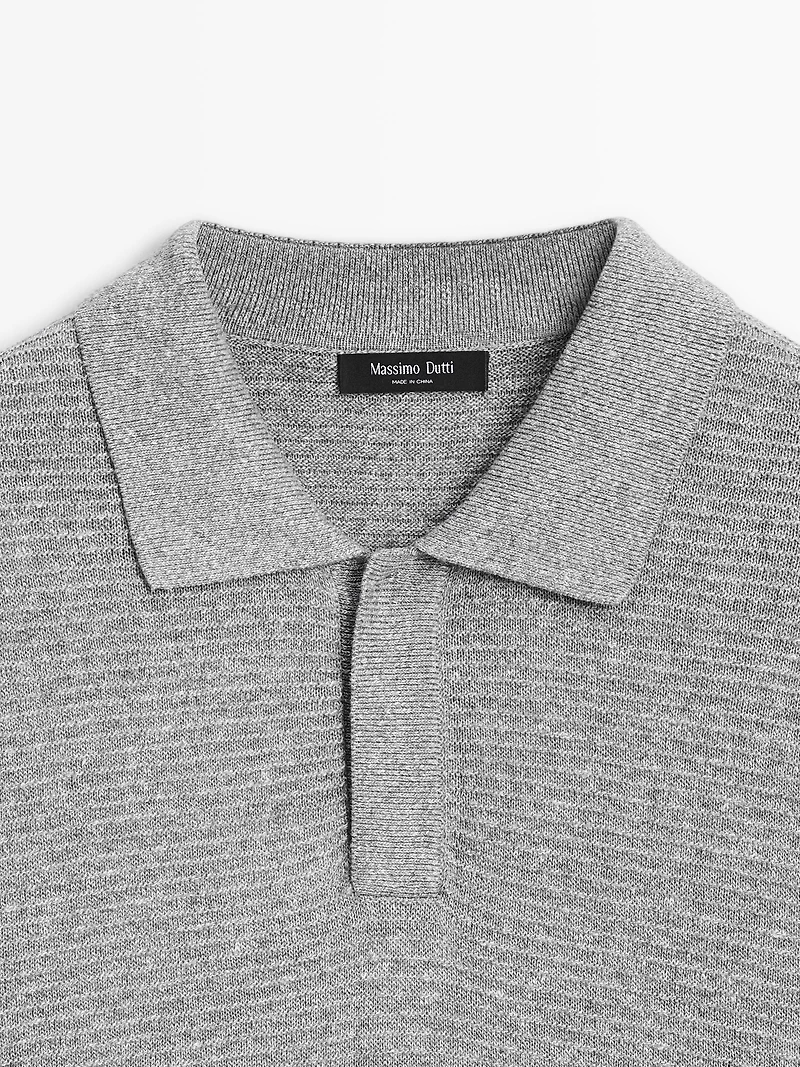 Linen and cotton blend knit polo shirt with short sleeves