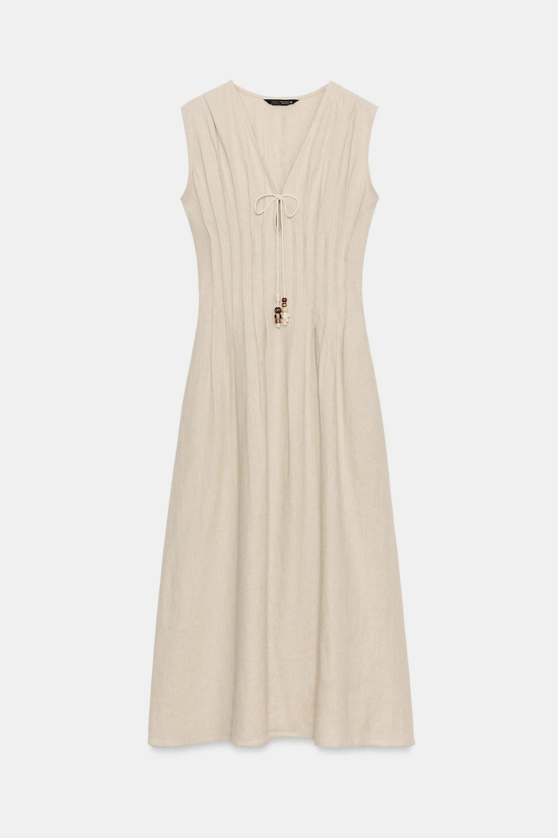 DRAWSTRING LINEN MIDI DRESS