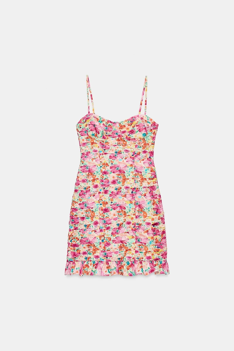FLORAL PRINT DRAPED MINI DRESS