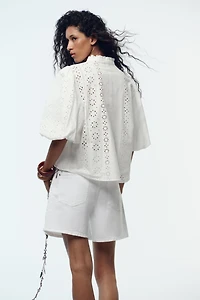 PUFF SLEEVE SHIRT WITH PERFORATED EMBROIDERY