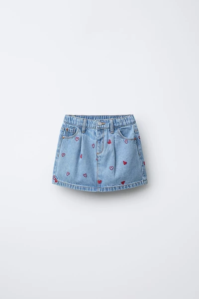 EMBROIDERED HEARTS DENIM SKIRT