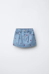 EMBROIDERED HEARTS DENIM SKIRT
