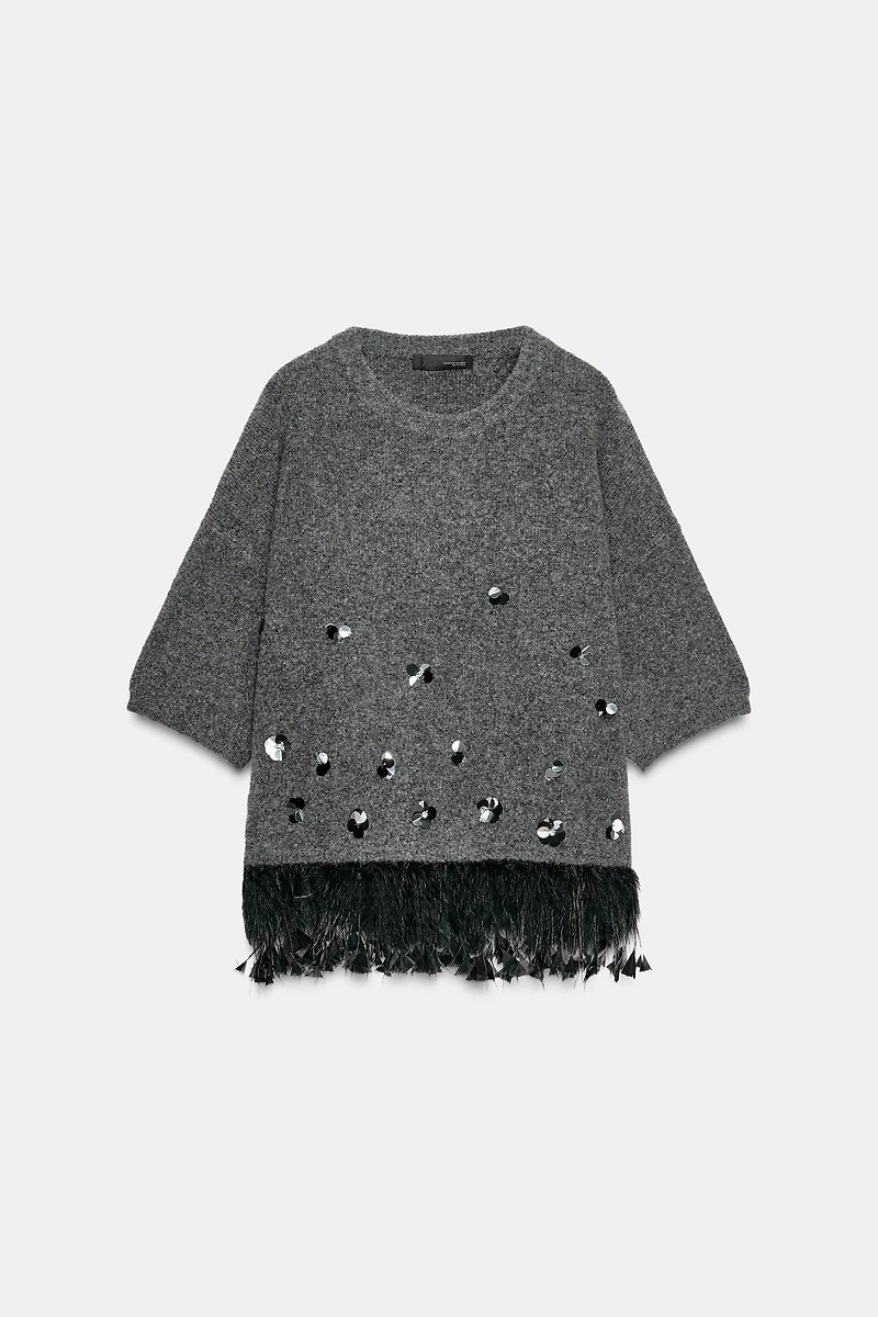 WOOL SWEATER WITH SEQUINS AND FEATHERS