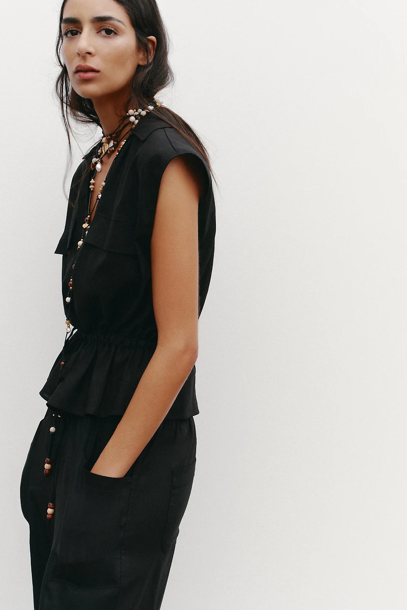 LINEN SAFARI BELTED TOP