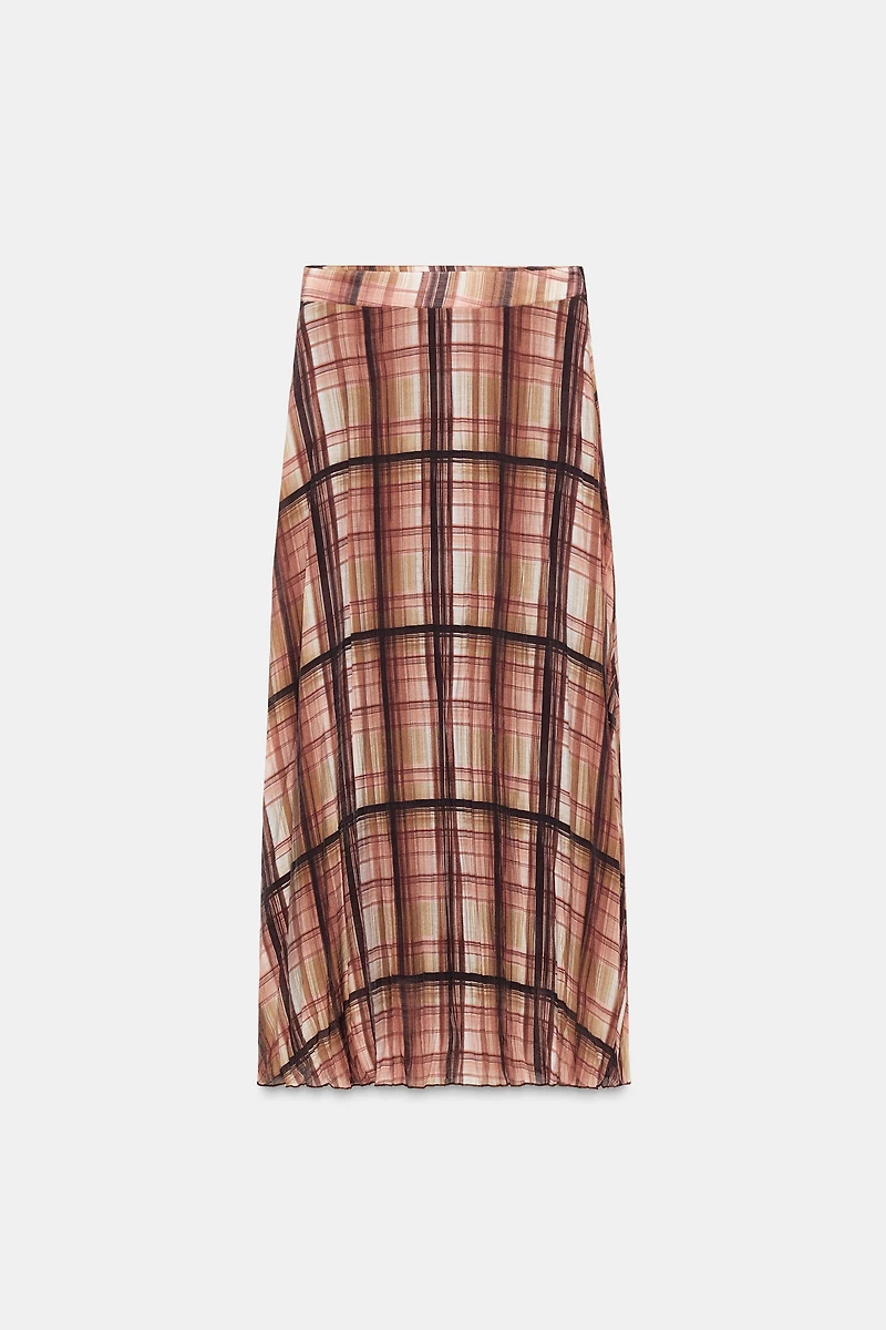 PLAID WRINKLED EFFECT MIDI SKIRT