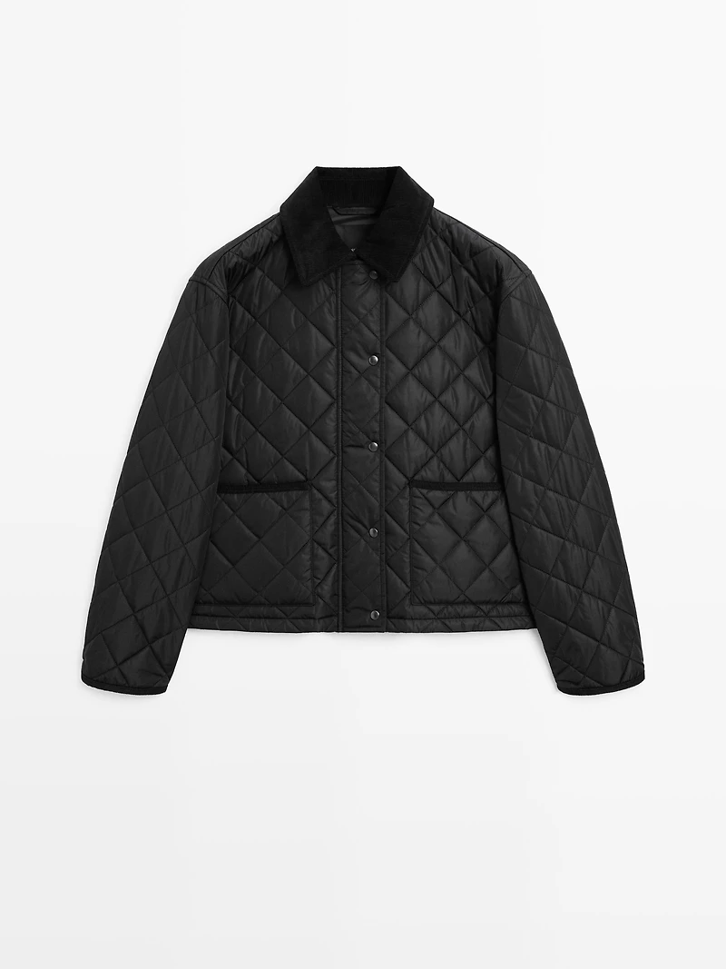 Short lightweight puffer jacket with corduroy detail