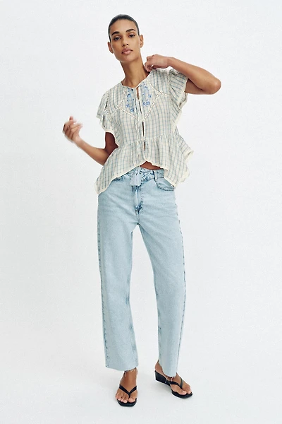 EMBROIDERED PLAID LACE INSERT TOP